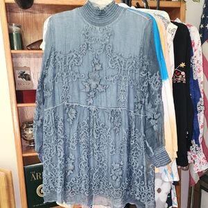 Soft Surroundings Lined Textured Embroidered Blue Tunic Boho Top Sheer Sleeves